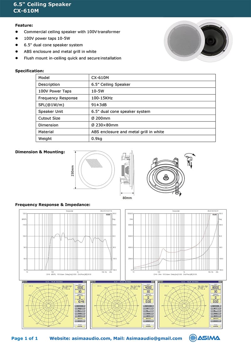 Catalog của loa âm trần ASIMA CX-610M