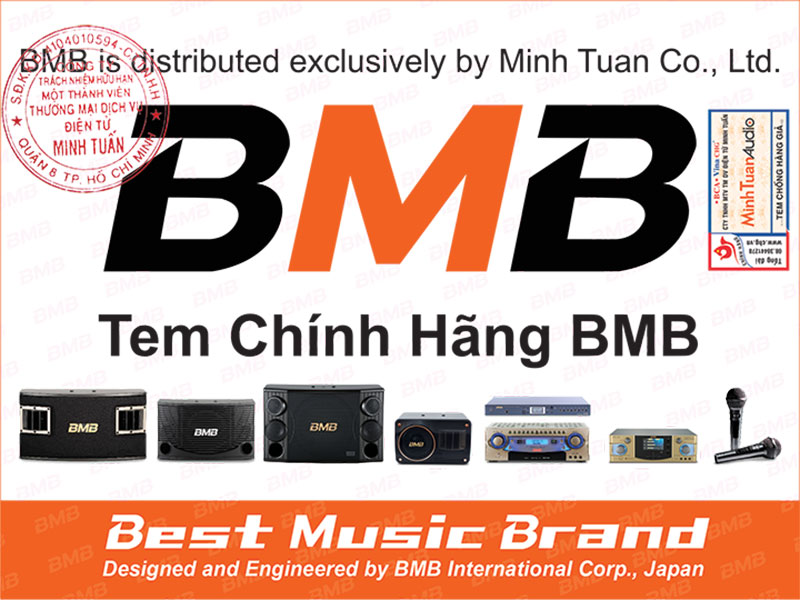 Tem chính hãng BMB có đóng dấu tròn Công ty Minh Tuấn. Tem này được dán cả ở loa lẫn vỏ ngoài thùng carton