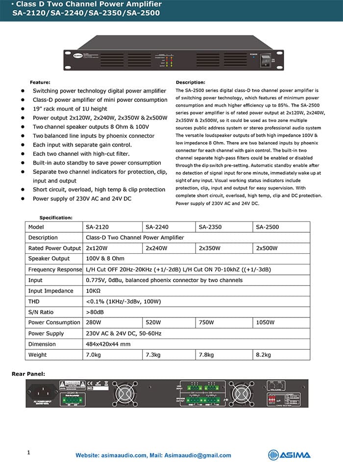 Catalog của cục đẩy công suất ASIMA SA-2500